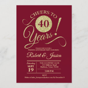 Invitation 40e anniversaire de mariage or rouge rubis