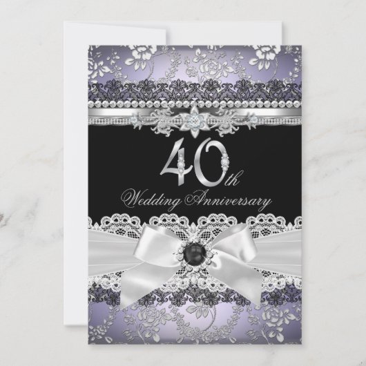 Invitation 40e anniversaire de mariage perle argent violet en (Devant)