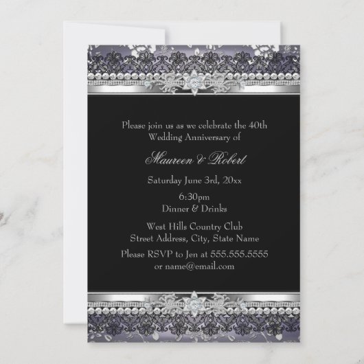 Invitation 40e anniversaire de mariage perle argent violet en (Dos)