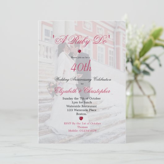 Invitation 40e anniversaire de mariage photo élégant un rubis (Debout devant)