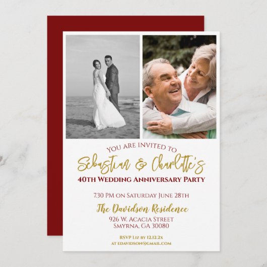 Invitation 40e anniversaire de Mariage Photo Ruby (Devant / Derrière)