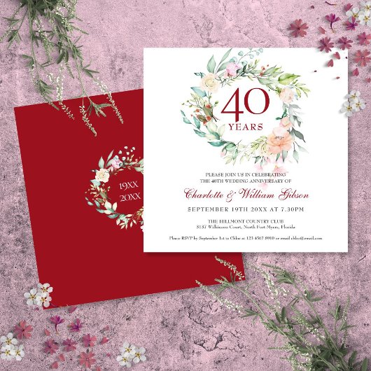 Invitation 40e Anniversaire de Mariage Roses Rubis Floral