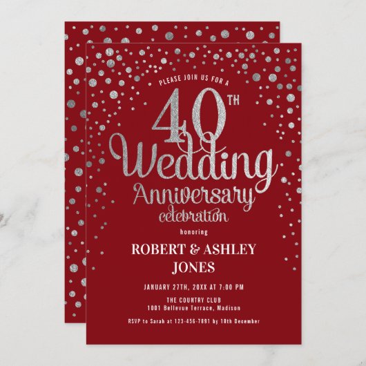 Invitation 40e anniversaire de mariage - Rouge rubis & Argent (Devant / Derrière)