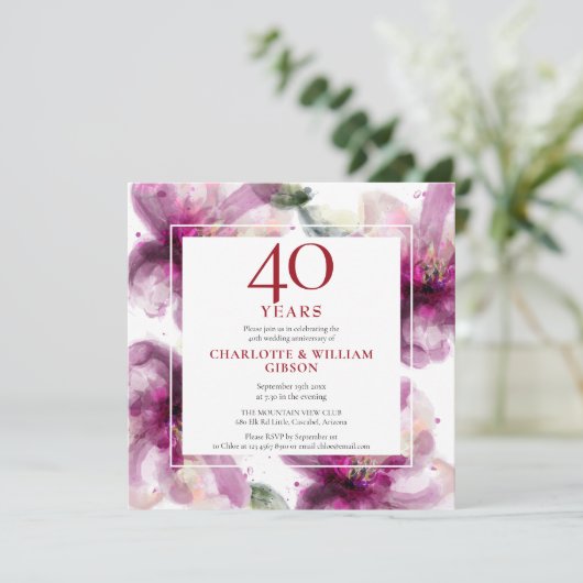 Invitation 40e anniversaire de mariage rubis aquarelle floral (Debout devant)