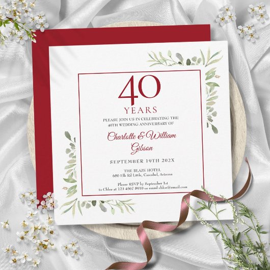Invitation 40e anniversaire de mariage rubis aquarelle verdur