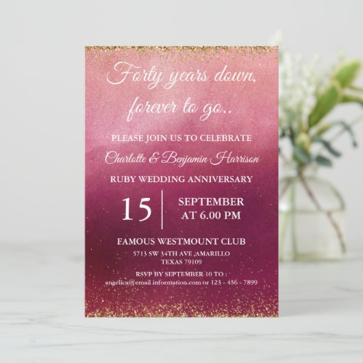 Invitation 40e anniversaire de mariage rubis avec paillettes (Debout devant)