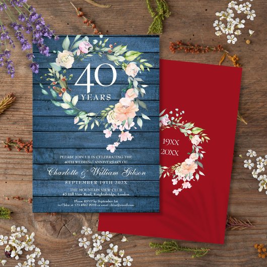 Invitation 40e anniversaire de mariage Rubis Bleu Floral Rust