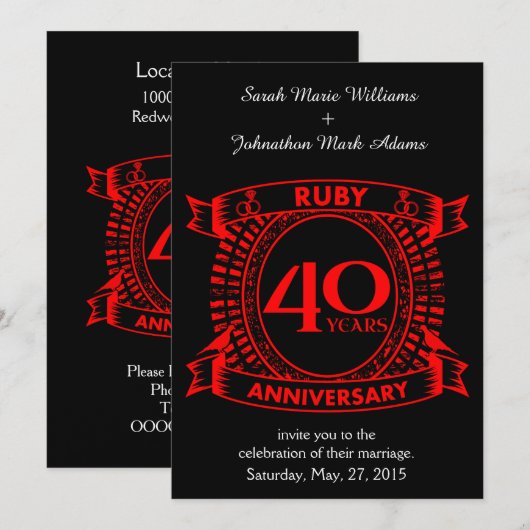 Invitation 40e anniversaire de mariage rubis couronne (Devant / Derrière)