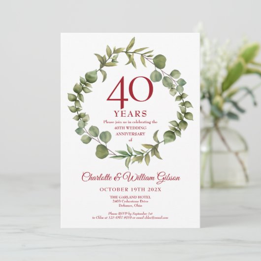 Invitation 40e anniversaire de mariage Rubis Élégant Guirland (Debout devant)