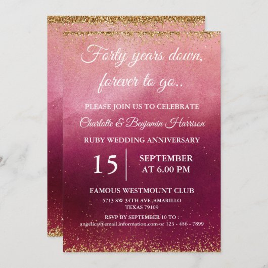 Invitation 40e anniversaire de mariage rubis pailleté or (Devant / Derrière)