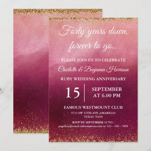 Invitation 40e anniversaire de mariage rubis paillettes dorée (Devant / Derrière)