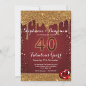 Invitation 40e anniversaire de mariage Ruby Gold Glitter Drip (Devant)