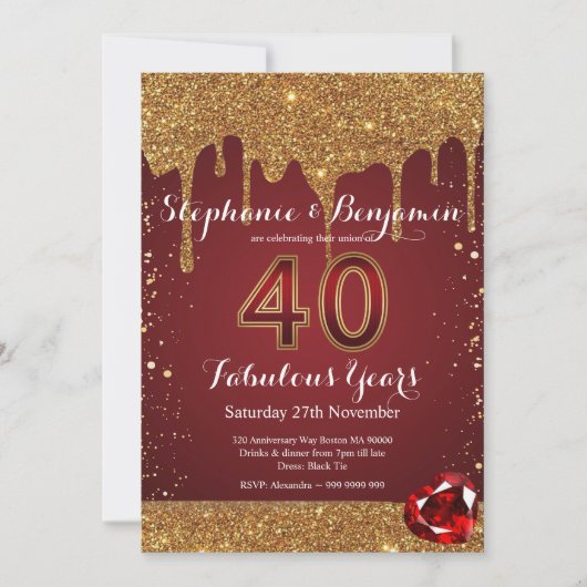 Invitation 40e anniversaire de mariage Ruby Gold Glitter Drip (Devant)