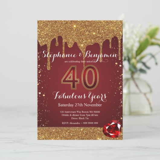 Invitation 40e anniversaire de mariage Ruby Gold Glitter Drip (Debout devant)