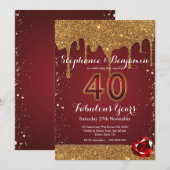 Invitation 40e anniversaire de mariage Ruby Gold Glitter Drip (Devant / Derrière)