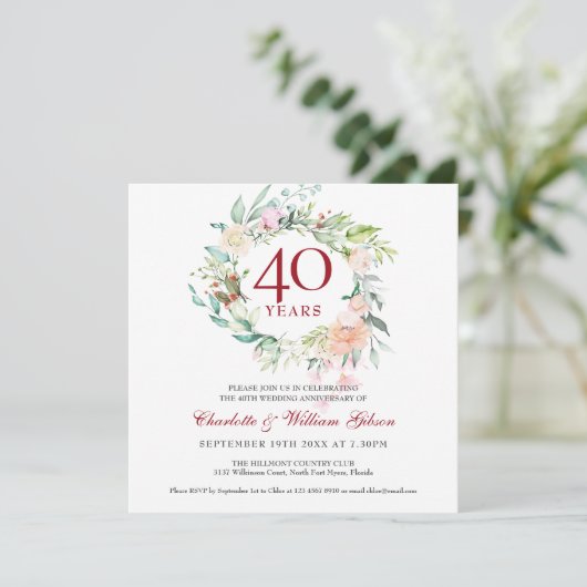 Invitation 40e anniversaire de Mariage Ruby Roses Floral (Debout devant)