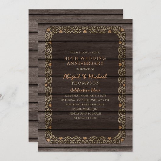 Invitation 40e anniversaire de mariage Rustique Bois Fête cha (Devant / Derrière)