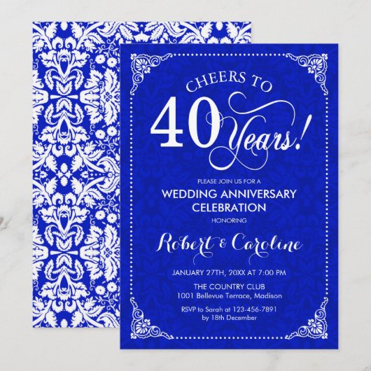 Invitation 40e anniversaire de mariage - Saphir Bleu Blanc (Devant / Derrière)