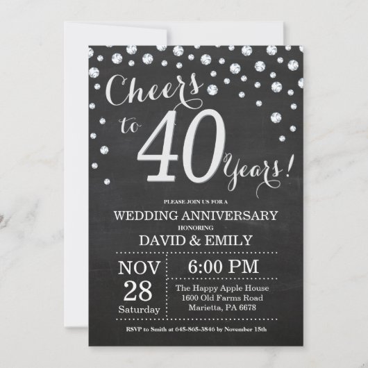 Invitation 40e anniversaire de mariage tableau noir craie arg (Devant)