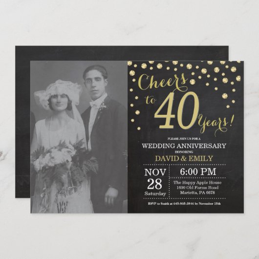 Invitation 40e Anniversaire de Mariage Tableau Noir et Or (Devant / Derrière)