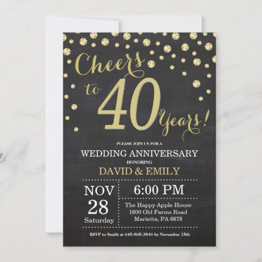 Invitation 40e anniversaire de mariage tableau noir et or (Devant)