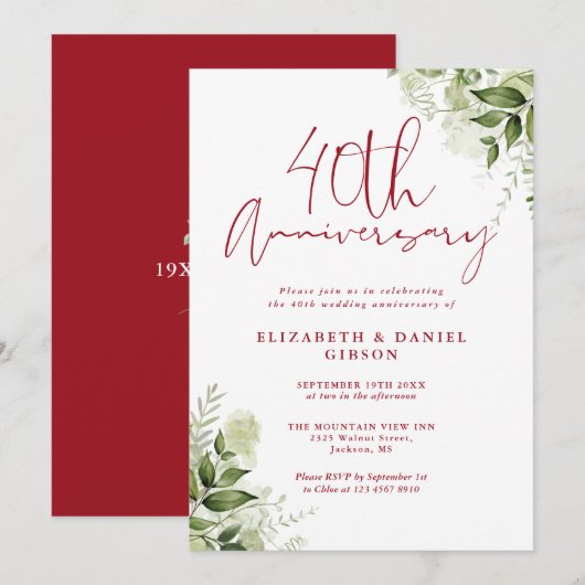 Invitation 40e Anniversaire de Mariage Verdure Script Ruby (Devant / Derrière)