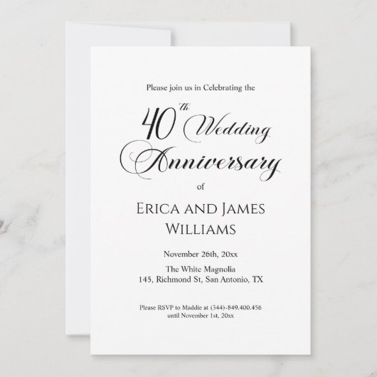 Invitation 40e anniversaire de Ruby Mariage Élégant script (Devant)