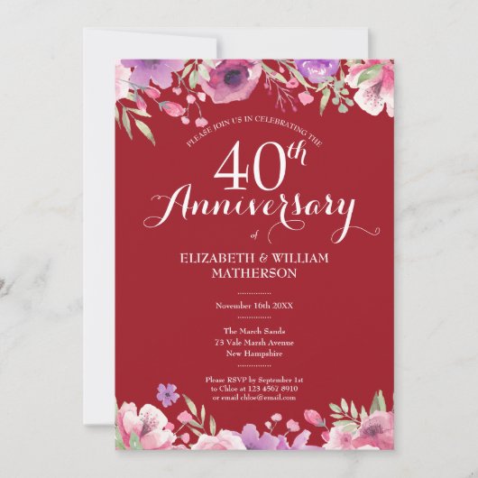 Invitation 40e anniversaire de Ruby Mariage photo Roses flora (Devant)