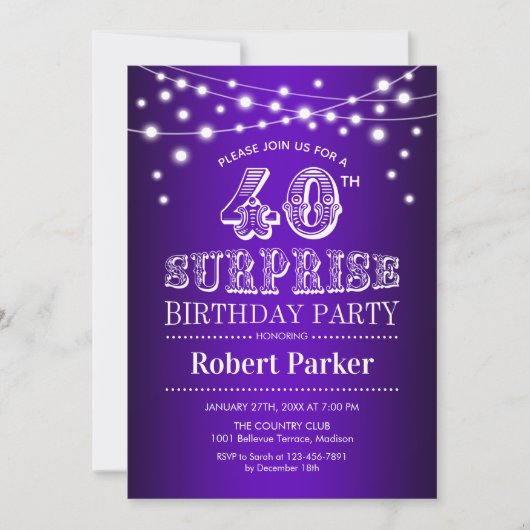 Invitation 40e anniversaire de surprise - blanc pourpre (Devant)