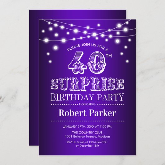 Invitation 40e anniversaire de surprise - blanc pourpre (Devant / Derrière)