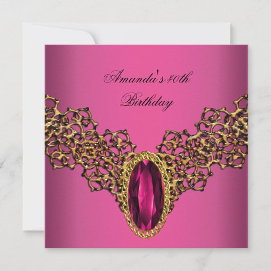 Invitation 40e Anniversaire dentelle rose or bijou sauvage (Devant)