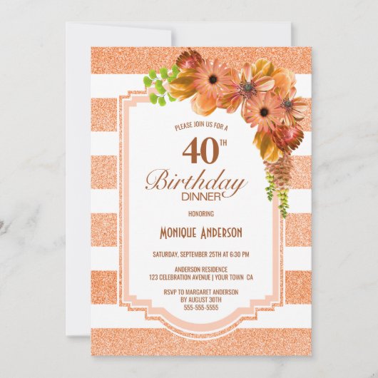 Invitation 40e anniversaire Dîner Orange Fête Florale rayée (Devant)