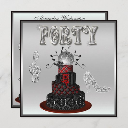 Invitation 40e anniversaire Disco Diva Cake Silver Sparkle He (Devant / Derrière)