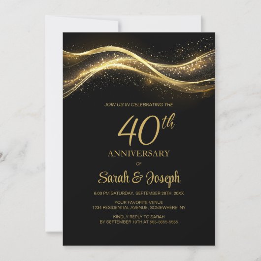 Invitation 40e anniversaire du Mariage Black Gold (Devant)