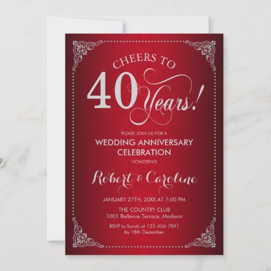 Invitation 40e anniversaire du Mariage - Damas d'argent rouge (Devant)
