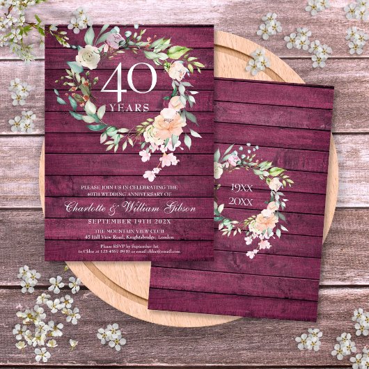 Invitation 40e anniversaire du Mariage de fleurs de bois roug