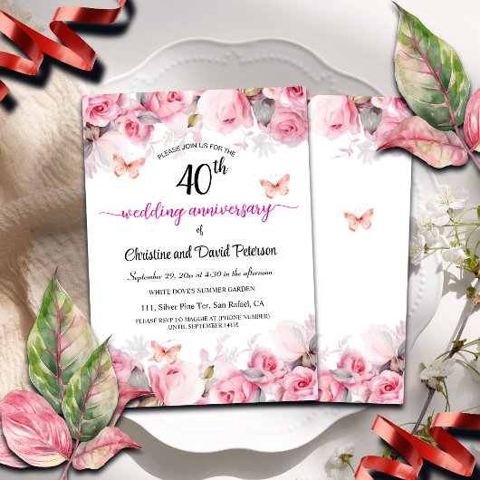Invitation 40e anniversaire du Mariage de rubis Roses