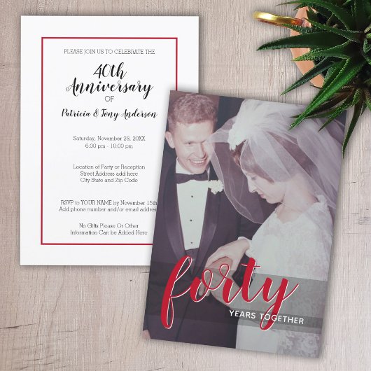 Invitation 40e anniversaire du Mariage et photo - rouge rubis