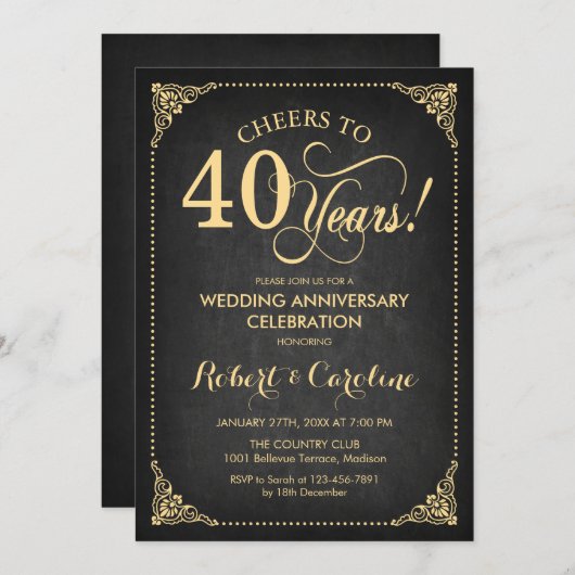 Invitation 40e anniversaire du Mariage - Gold Chalkboard (Devant / Derrière)