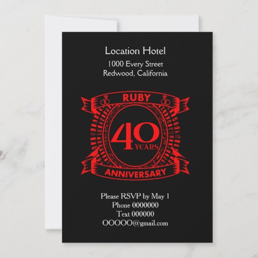 Invitation 40e anniversaire du mariage ruby crest (Dos)