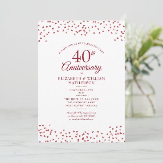 Invitation 40e anniversaire du Mariage Ruby Hearts Confetti (Debout devant)