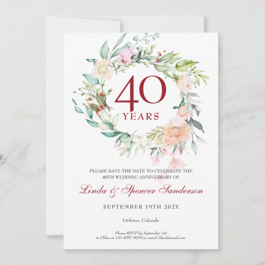 Invitation 40e anniversaire du Mariage Sauvez la date Florale (Devant)