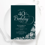 Invitation 40e anniversaire Elégant Emerald Green Roses d'arg<br><div class="desc">Simple et élégante invitation de fête de 40e anniversaire en vert émeraude et argent. Design classique avec rose, faux feuille argent et police de script de typographie. Carte invitation tendance parfaite pour une célébration anniversaire élégante. Personnalisez avec vos propres détails. Peut être customisé à n'importe quel âge. Invitations Zazzle imprimées...</div>