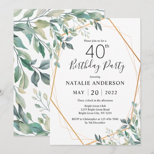 Invitation 40e anniversaire Elégant Eucalyptus Verdure et Or (Devant / Derrière)