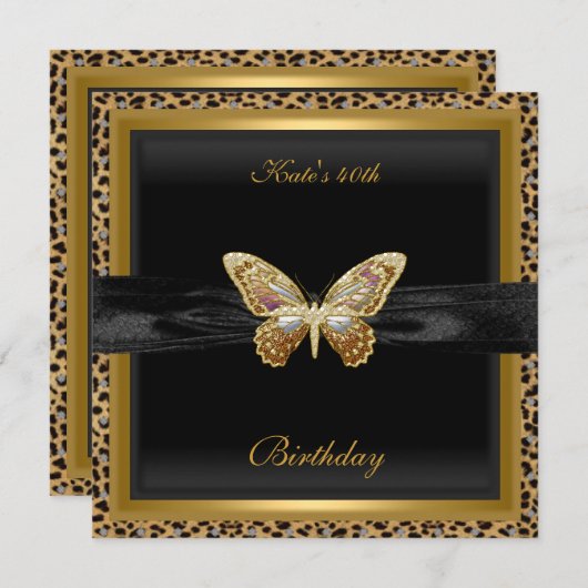 Invitation 40e anniversaire Elegant Leopard Gold Butterfly (Devant / Derrière)