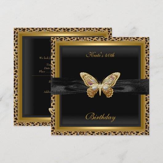 Invitation 40e anniversaire élégant léopard papillon doré (Devant / Derrière)