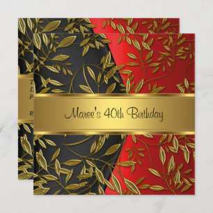 Invitation 40e anniversaire Elégant Rouge Or Floral Noir