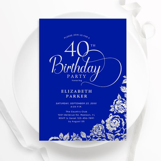Invitation 40e anniversaire Elégant Royal Blue Roses d'argent