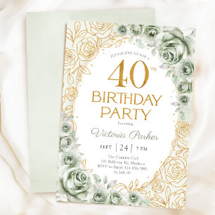 Invitation 40e anniversaire élégant Vert sauge Or floral