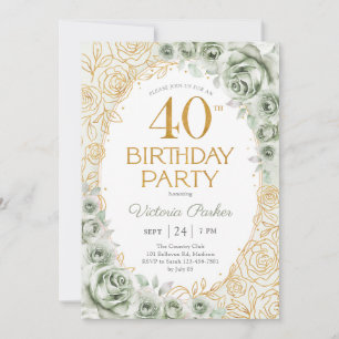 Invitation 40e anniversaire élégant Vert sauge Or floral